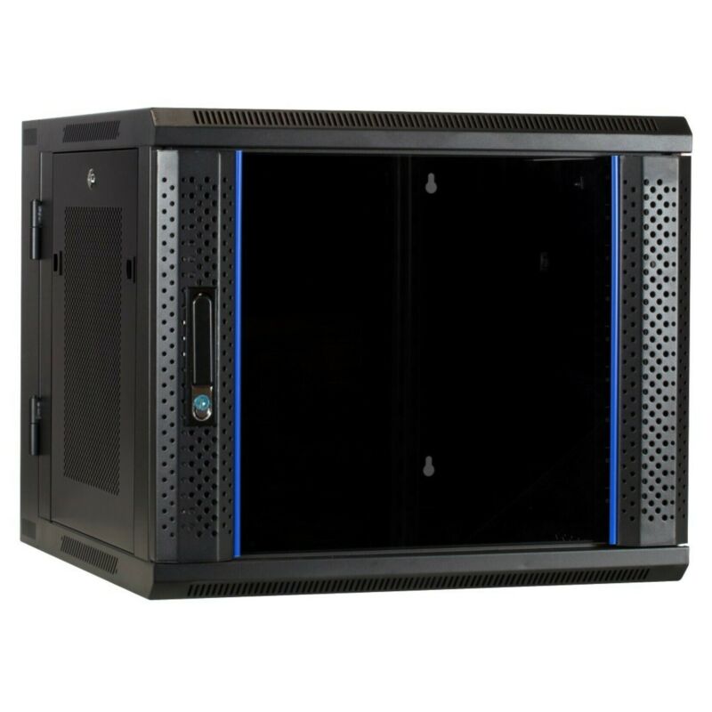 9 HE Netzwerkschrank, schwenkbarer Wandschrank mit Glastür und perforierten Seitenwänden 600 x 600 x 501 mm (BxTxH)