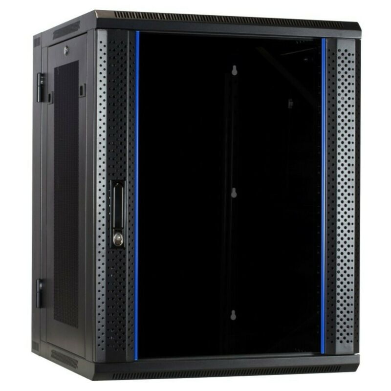 15 HE Netzwerkschrank, schwenkbarer Wandschrank mit Glastür und perforierten Seitenwänden 600 x 600 x 770 mm (BxTxH)
