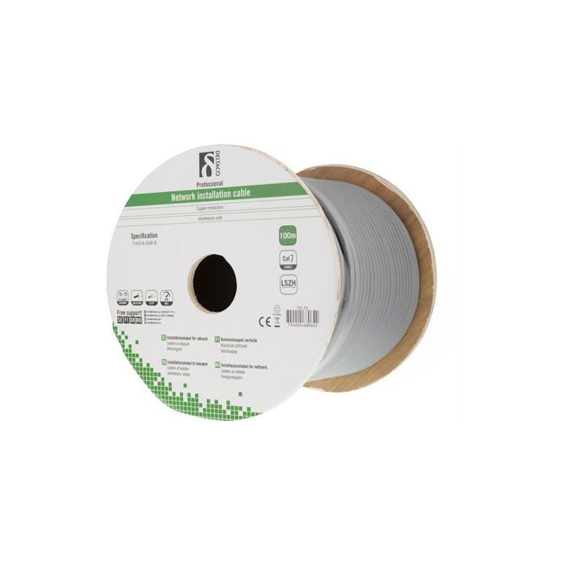 Alfaco Cat7 S/FTP-Kabel auf Rolle starrleiter 100 m grau LSZH – (Eca)