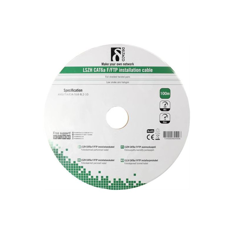 Alfaco Cat6a F/FTP-Kabel auf Rolle starrleiter 100 m grau LSZH – (Eca)